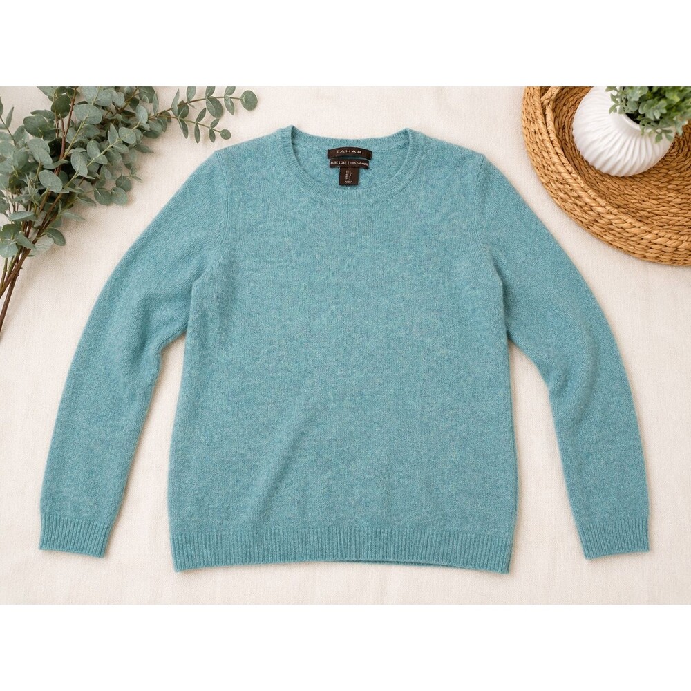 Tahari Pure Luxe 100% Cashmere Crewneck Sweater Women's S Teal Blue